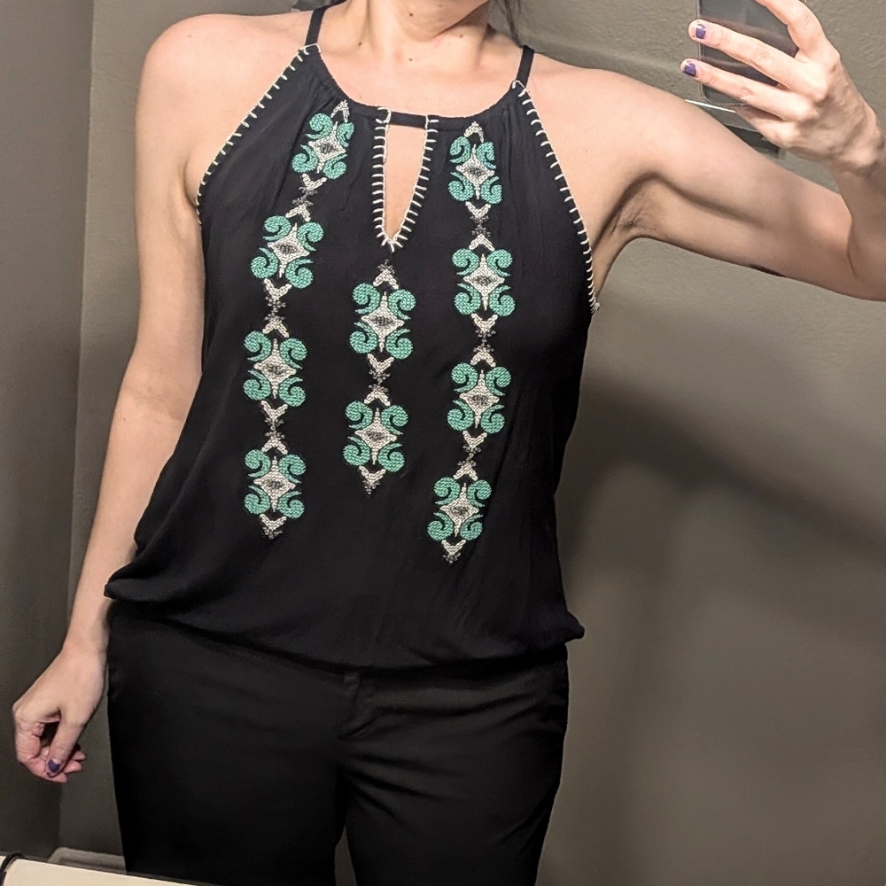 INC International Concepts Black Camisole with Green Embroidery